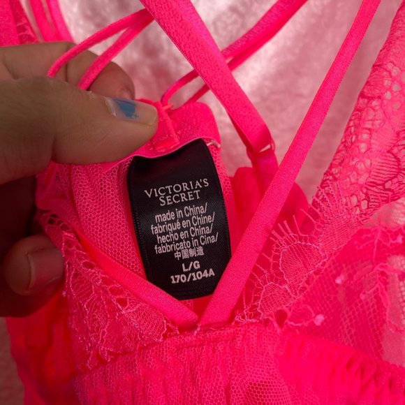 Victoria's Secret Women's Lingerie Size L Neon Pink Sleeveless Lace Baby Doll - Picture 6 of 11